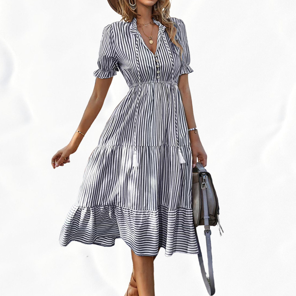 Women's Gray Striped V-Neck Puff-Sleeve Tiered Midi Dress